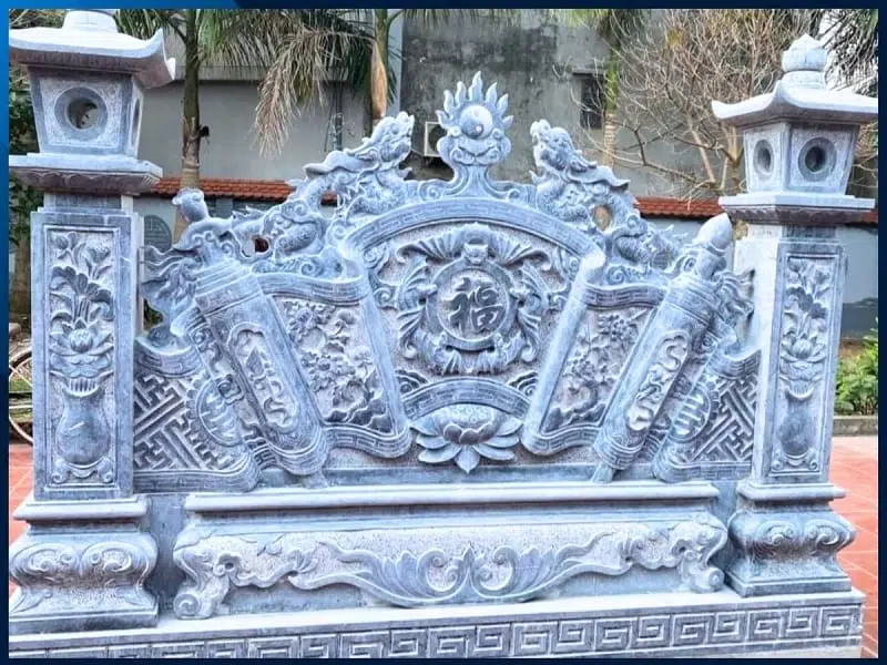bình phong đá xanh đen dài 2m65 hoa văn sắc nét chuẩn phong thủy